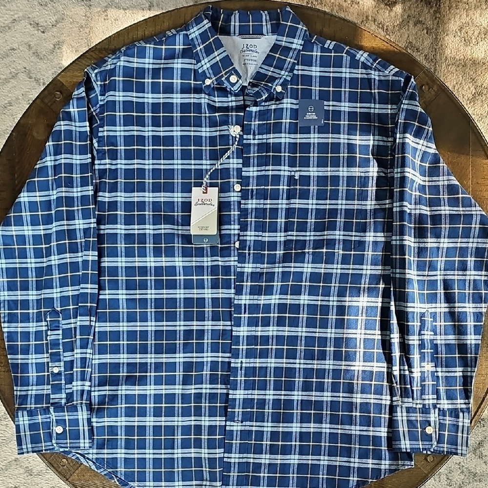 Izod Blue Casual Button Down Shirt Classic Plaid